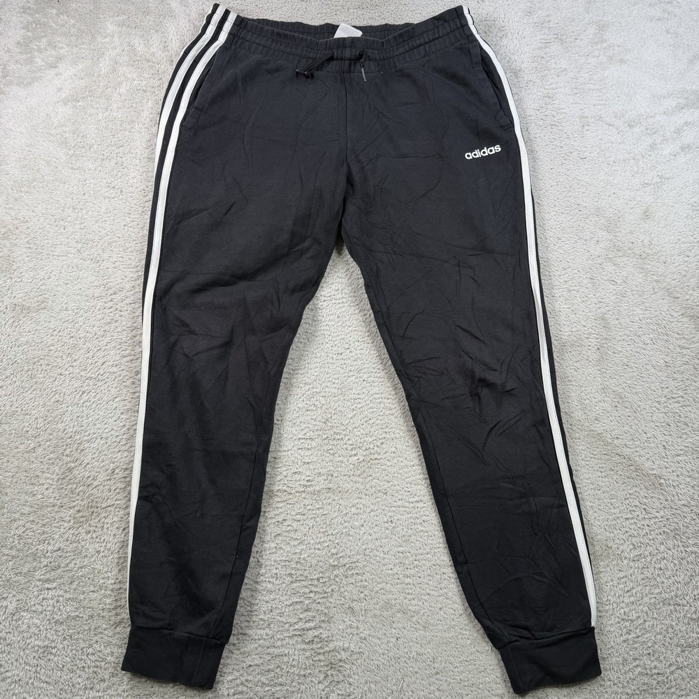 Adidas Sweatpants Men Medium Black Fleece Drawstring Pocket Joggers Gym 3 Stripe - Picture 2 of 8